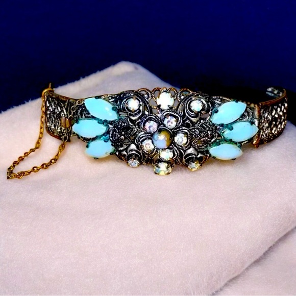Antique Glass Moonstone Rhinestones Filagree Bracelet Not Marked Made in Germany - Picture 1 of 12